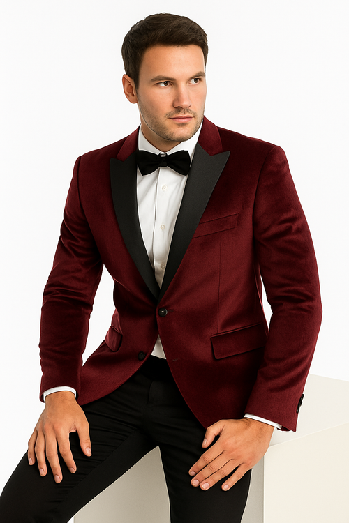 "Burgundy Velvet Men's Wedding & Prom 2026 Tuxedo Jacket - Two Button Peak Lapel"