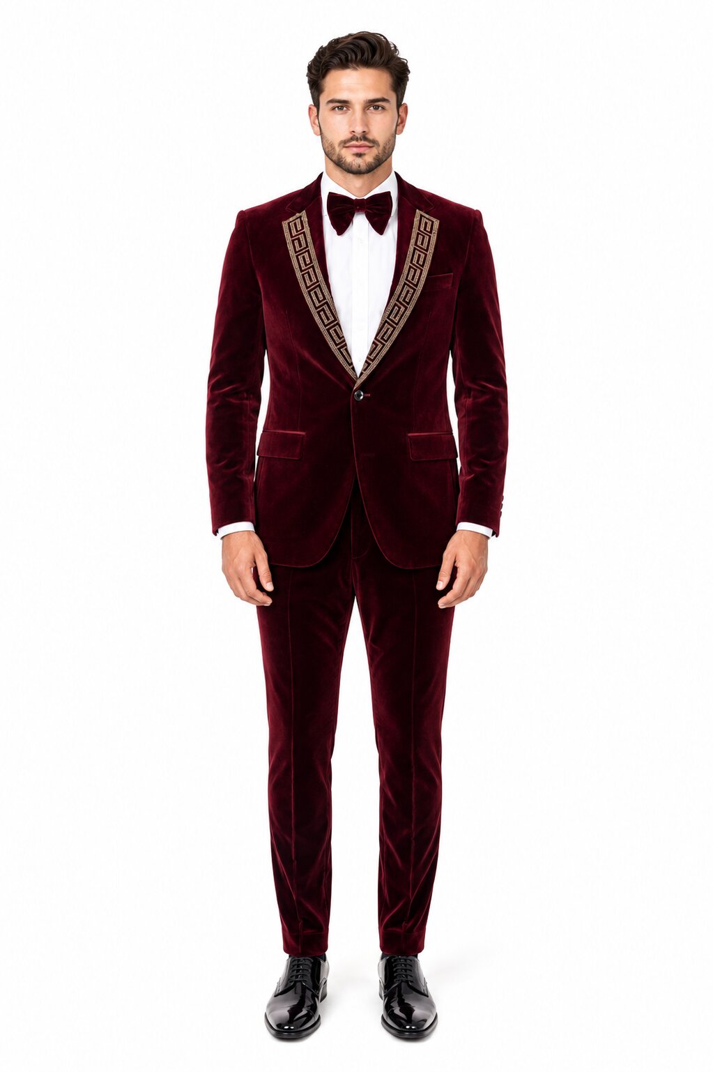 EJ Samuel Men's Burgundy Modern Fit Velvet Tuxedo with Gold Sequin Lapel