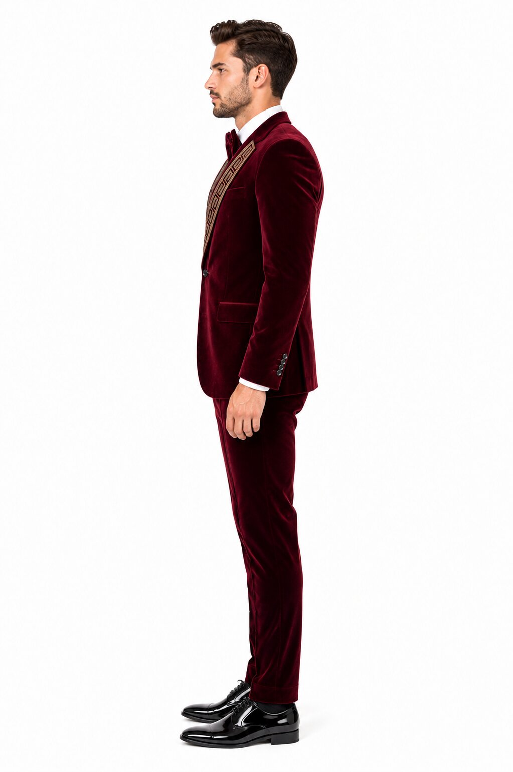 EJ Samuel Men's Burgundy Modern Fit Velvet Tuxedo with Gold Sequin Lapel - Burgundy
