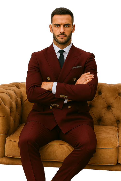 Slim Fit Double Breasted Suit Gold Buttons - Burgundy Suit - Designer Wool Suits