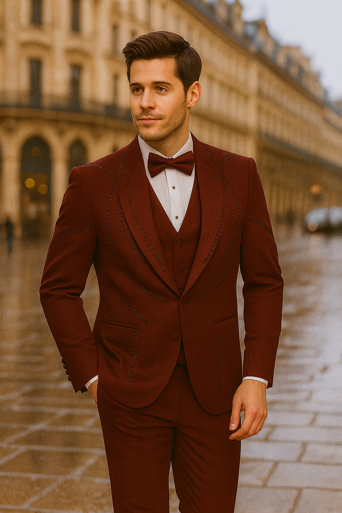Mens Burgundy Italian Wool 3-Piece Modern Formal Tuxedo
