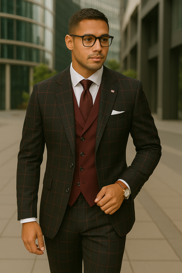 Modern Fit - Wool Suit - Italian Made Business Suit by Statement Men's 3 Piece 100% Wool Modern Fit Suit - Bold Accent Color