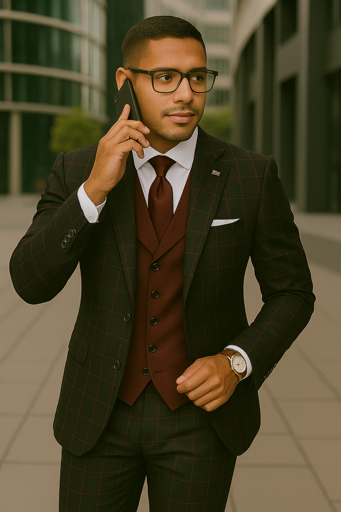 Modern Fit - Wool Suit - Italian Made Business Suit by Statement Men's 3 Piece 100% Wool Modern Fit Suit - Bold Accent Color