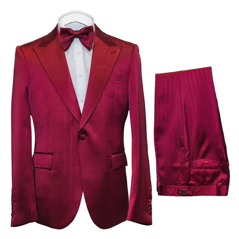 Mens Satin-Finish Pinstripe - Shiny Metallic Stripe Peak Lapel in Color Burgundy - Modern Fit By Rossiman