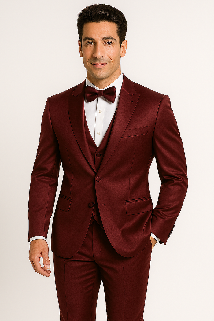 Burgundy Satin Tuxedo Four Piece Set - Wedding - Prom