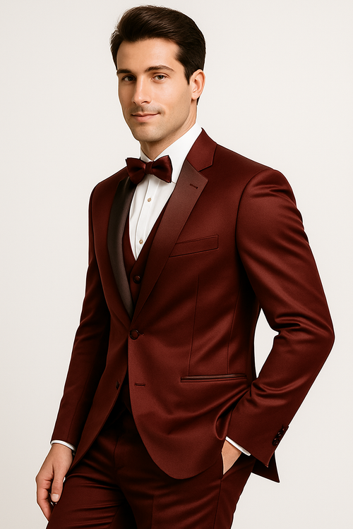 Burgundy Satin Tuxedo Four Piece Set - Wedding - Prom