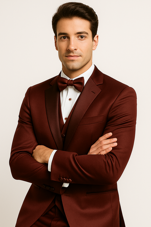 Burgundy Satin Tuxedo Four Piece Set - Wedding - Prom