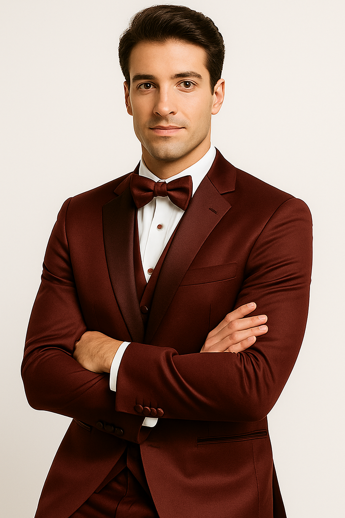 Burgundy Satin Tuxedo Four Piece Set - Wedding - Prom