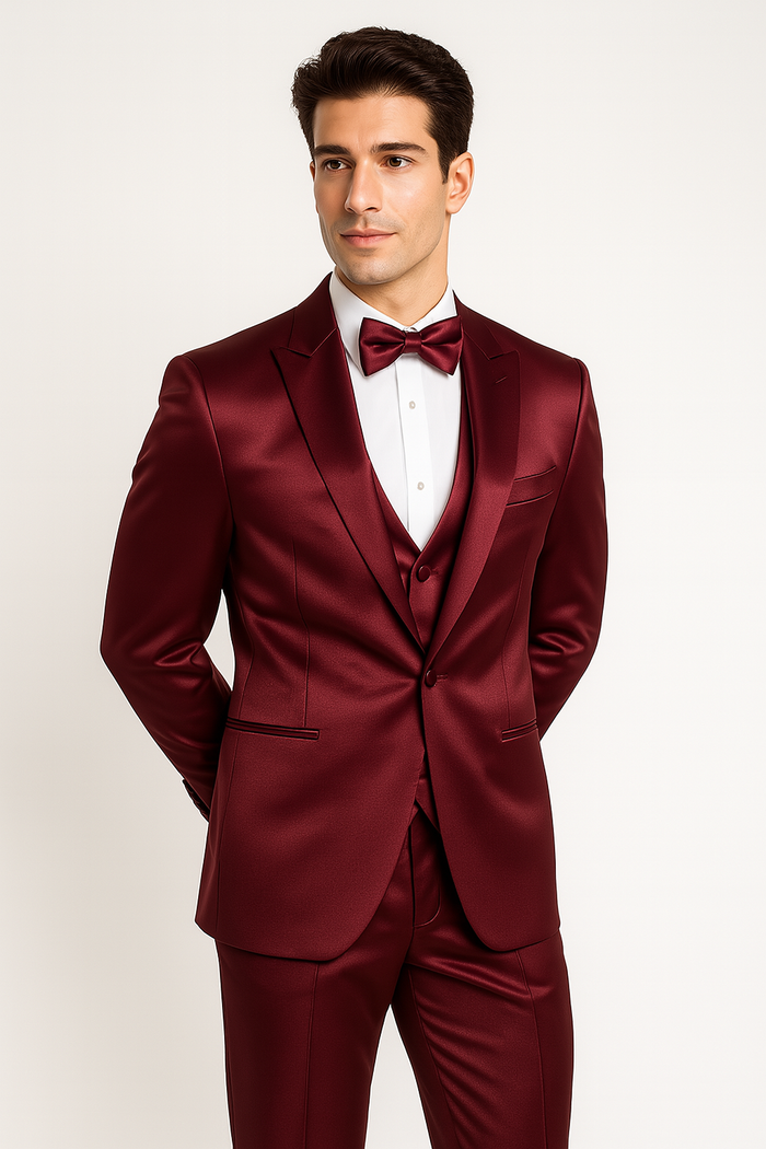 Burgundy Satin Tuxedo Four Piece Set - Wedding - Prom