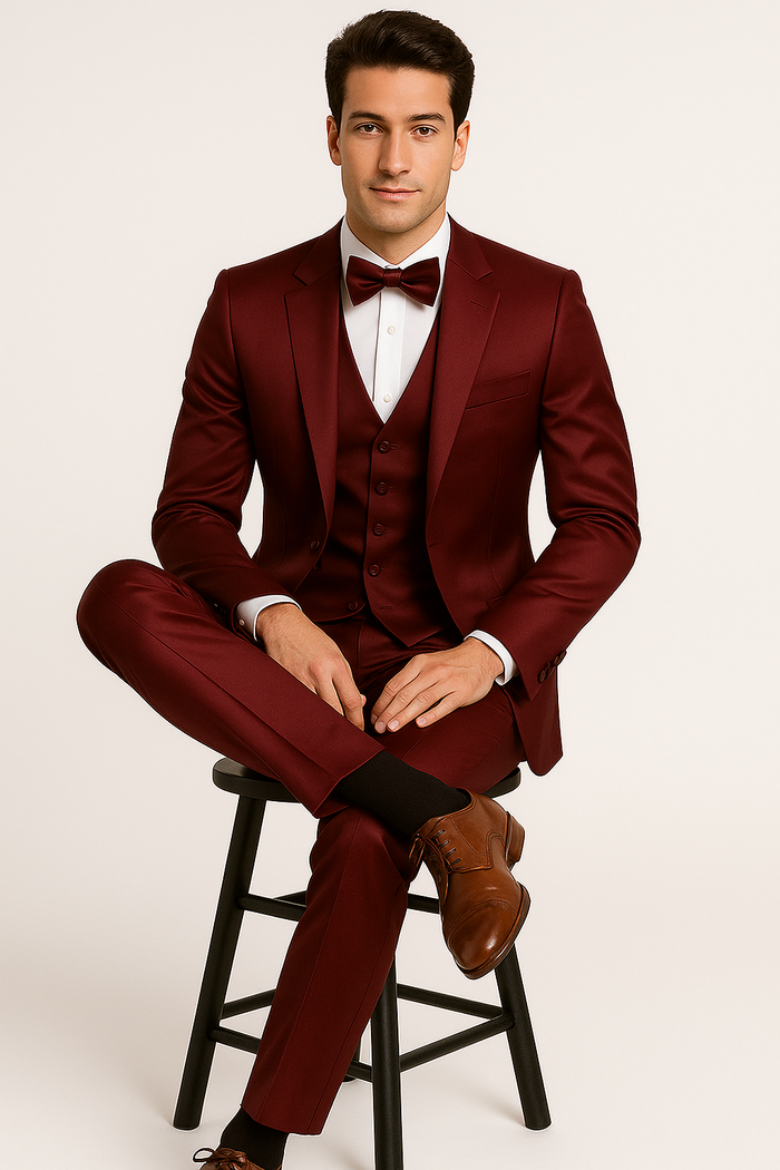 Burgundy Satin Tuxedo Four Piece Set - Wedding - Prom