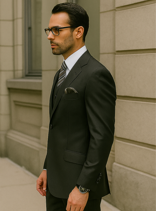 Business Suit - Mens Classic Modern Fit No Pleated Pant Side Vented  2 Button Wool Olive Green Suit
