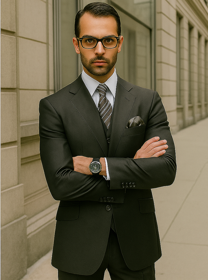 Business Suit - Mens Classic Modern Fit No Pleated Pant Side Vented  2 Button Wool Olive Green Suit