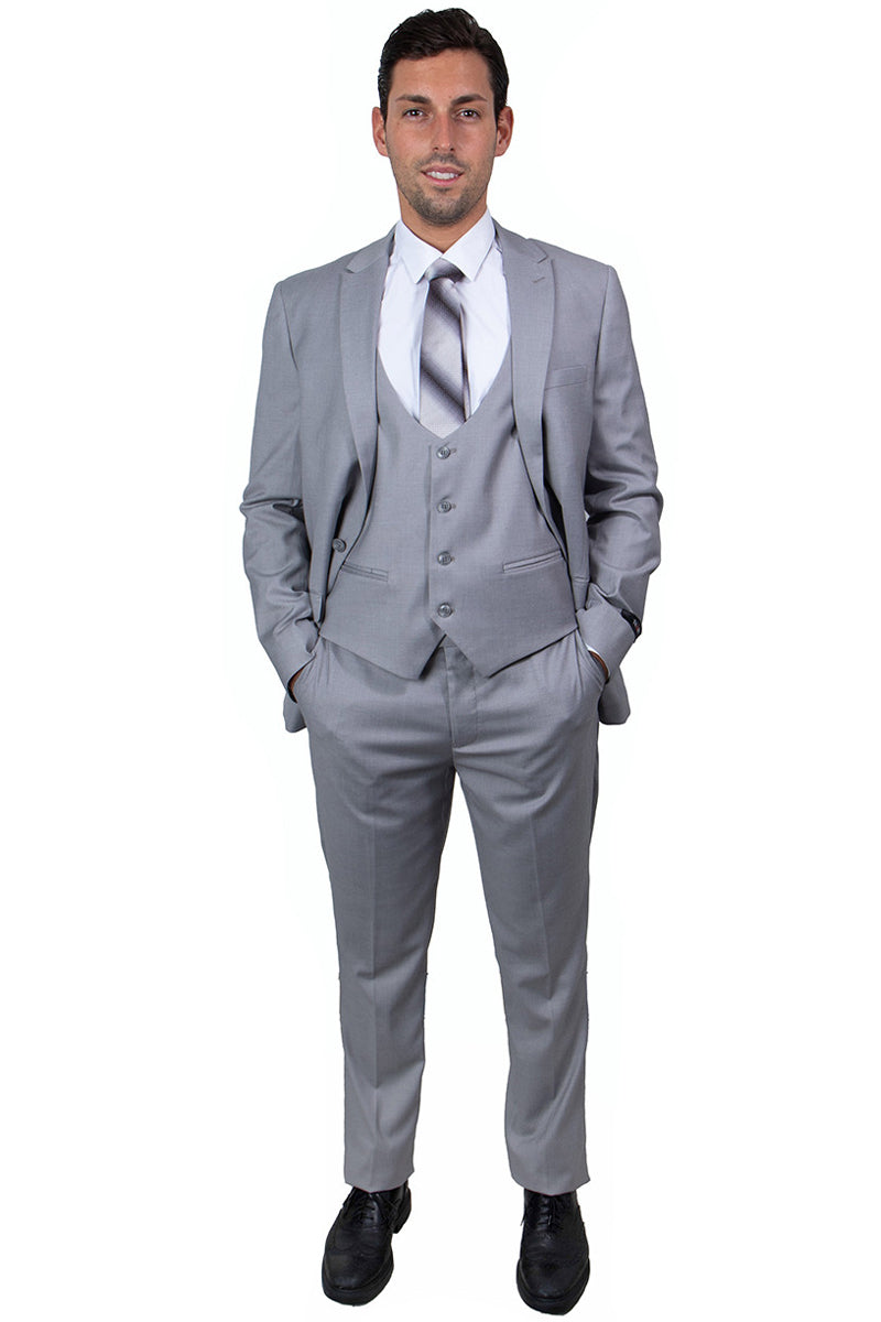 "Men's Skinny Wedding Suit - One Button, Peak Lapel, Lowcut Vest, Light Grey" - 50 Long
