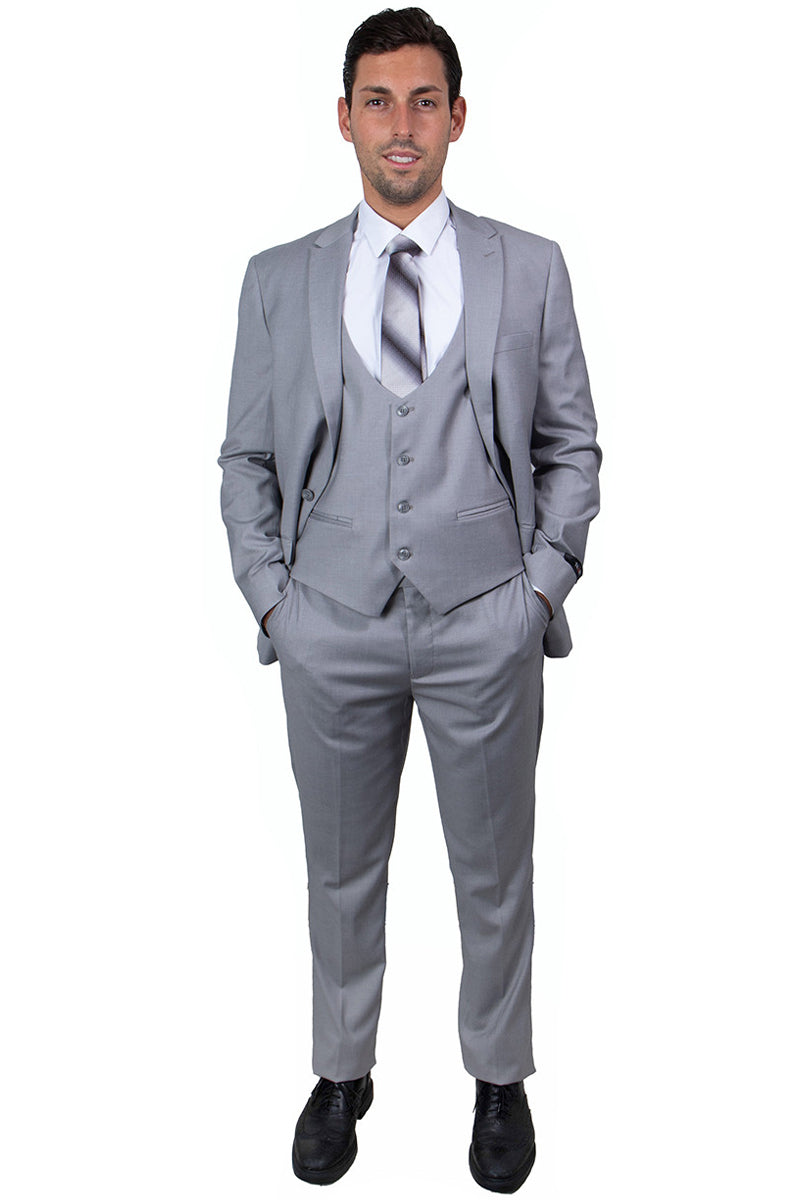 "Men's Skinny Wedding Suit - One Button, Peak Lapel, Lowcut Vest, Light Grey"
