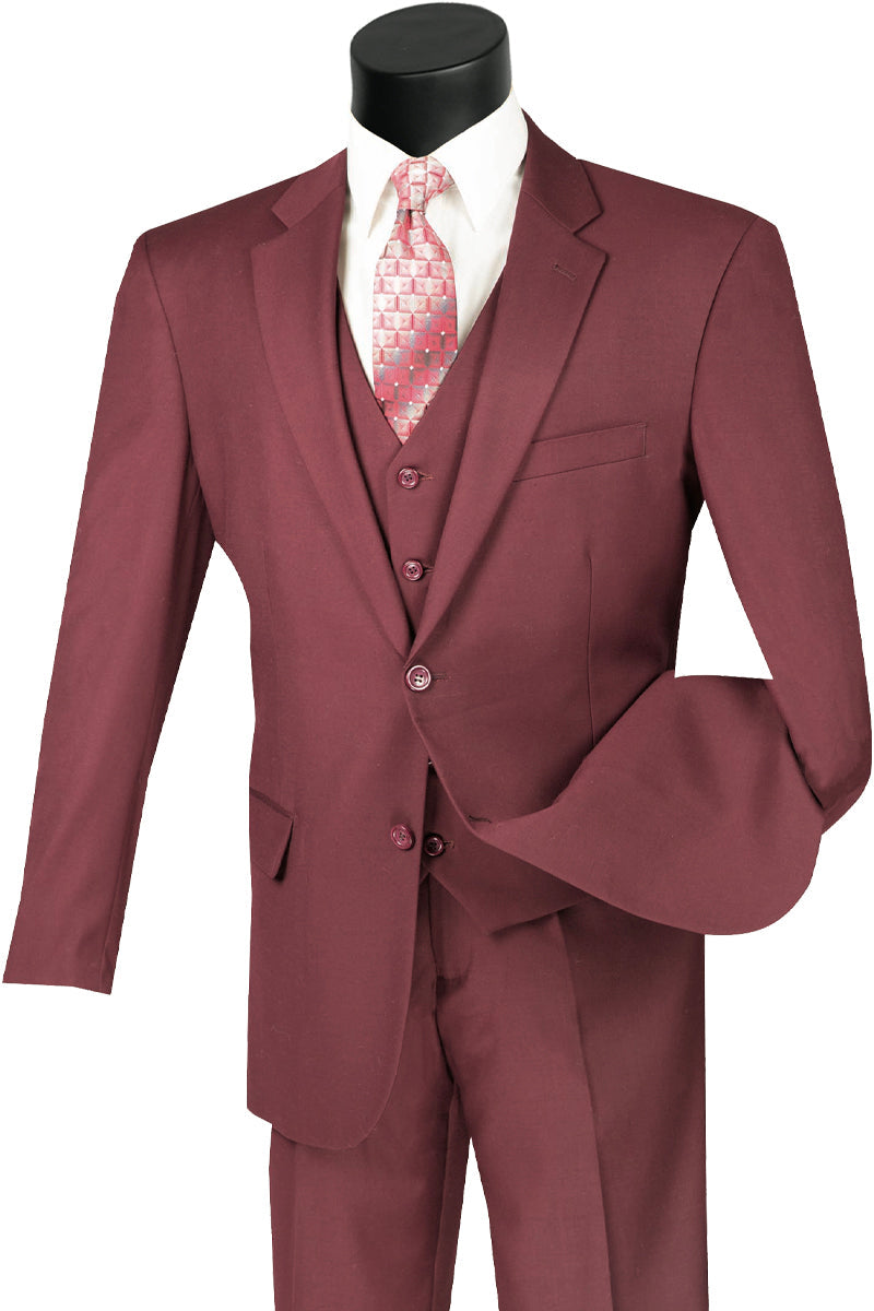 Mens Classic Fit Flat Front Vested Suit in Burgundy - 36 Short