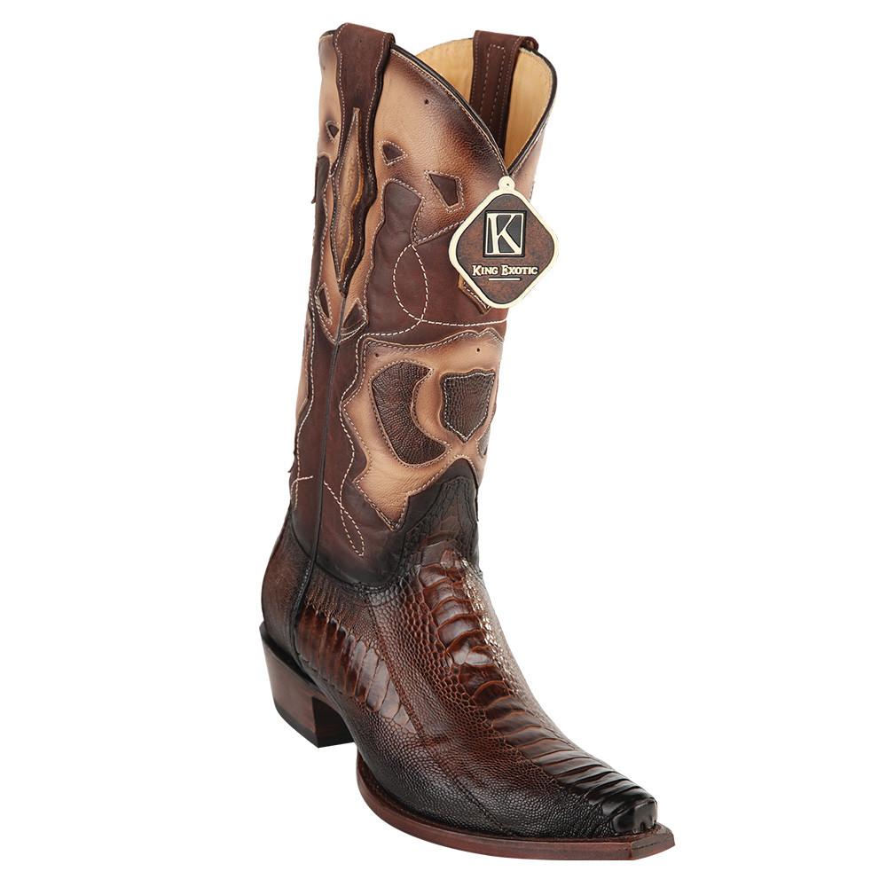 King Exotic Men's Western Ostrich Leg Snip Toe Boots - BURGUNDY FADED