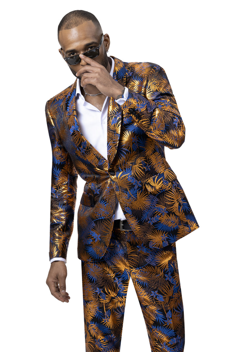 "Tropical Print Men's Foil Suit with Shawl Lapel - One Button, Blue & Orange"