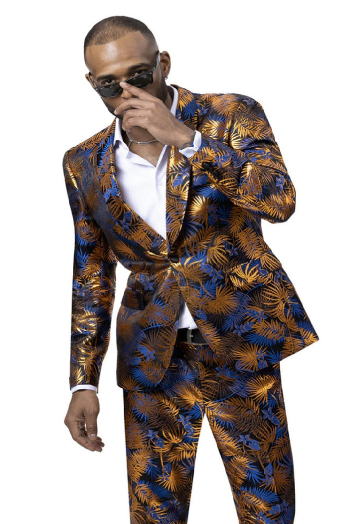 "Tropical Print Men's Foil homecoming  Suit with Shawl Lapel - One Button, Blue & Orange" Orange Prom 2026 Suits