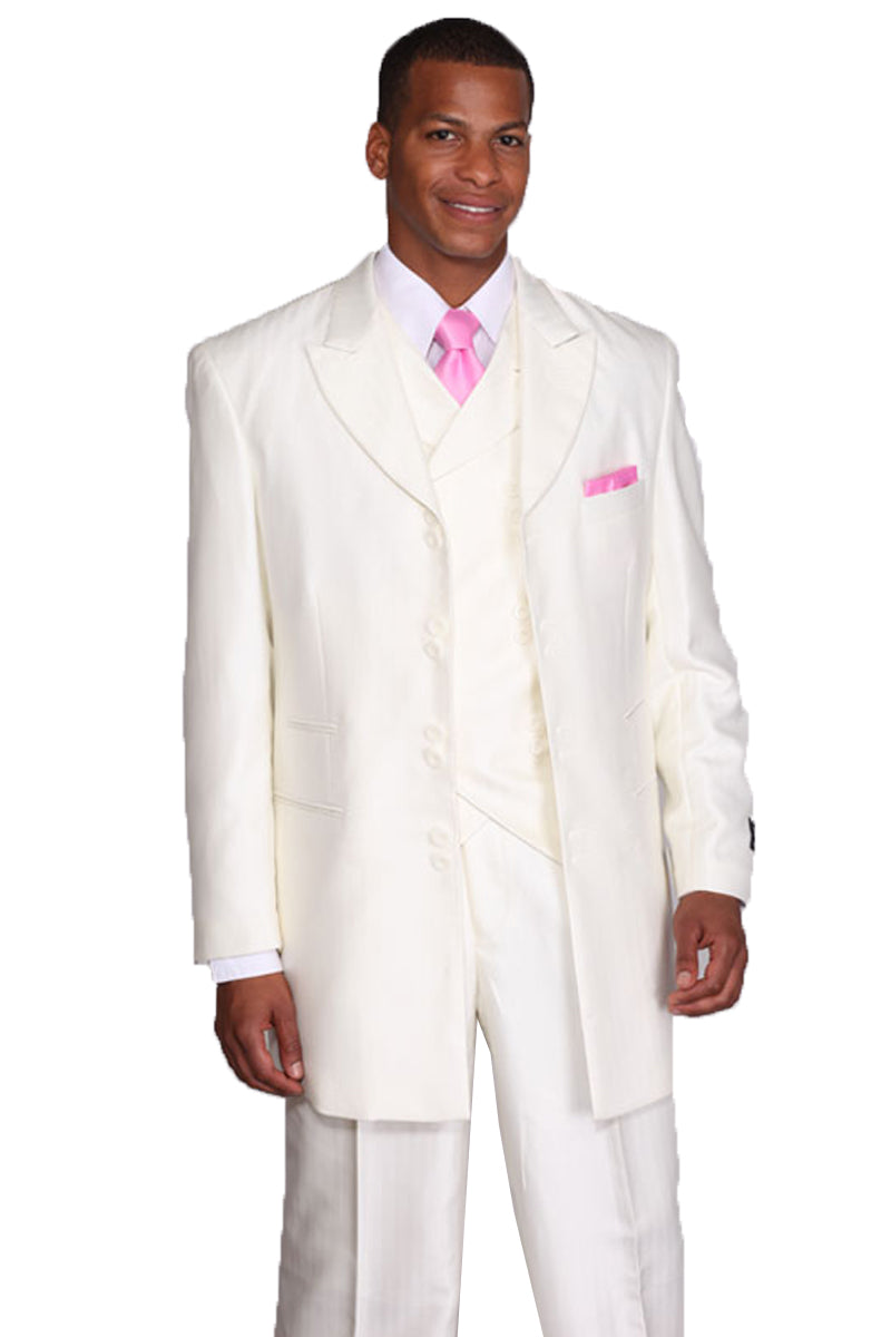 "Herringbone Stripe Men's Long Vested Suit in Ivory Cream - Fashion"