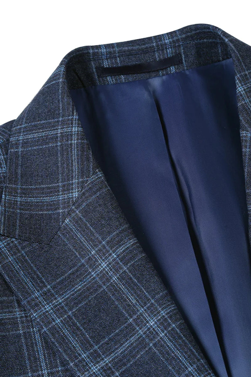 "Men's Slim Fit Two Button Summer Suit - Navy Windowpane Plaid"