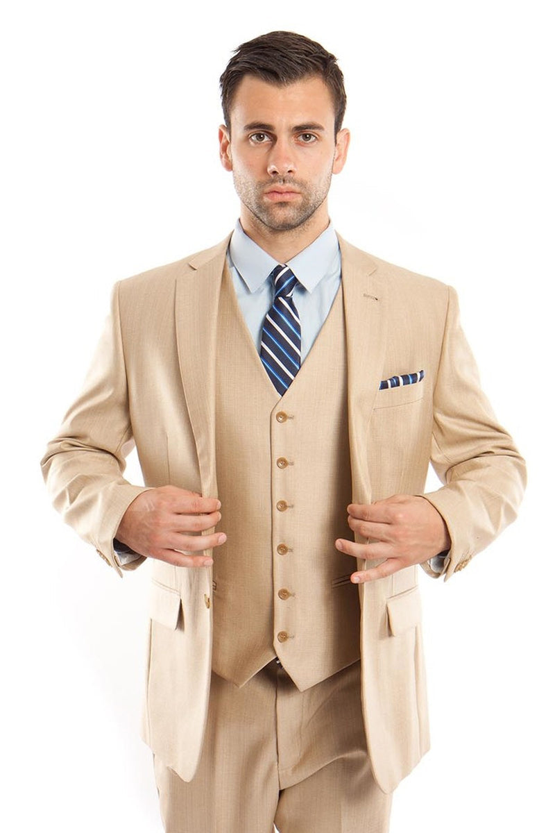 "Sharkskin Business Suit for Men - Light Beige Two Button Vested"