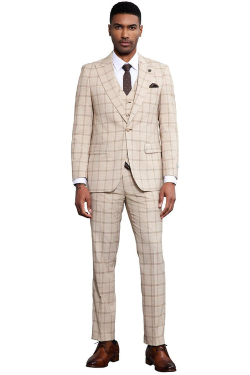Men's Stacy Adams One Button Peak Lapel Vested Windowpane Plaid Suit in Tan