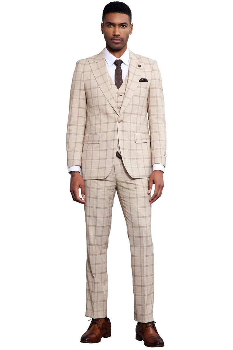 Men's Stacy Adams One Button Peak Lapel Vested Windowpane Plaid Suit in Tan - 38 Regular