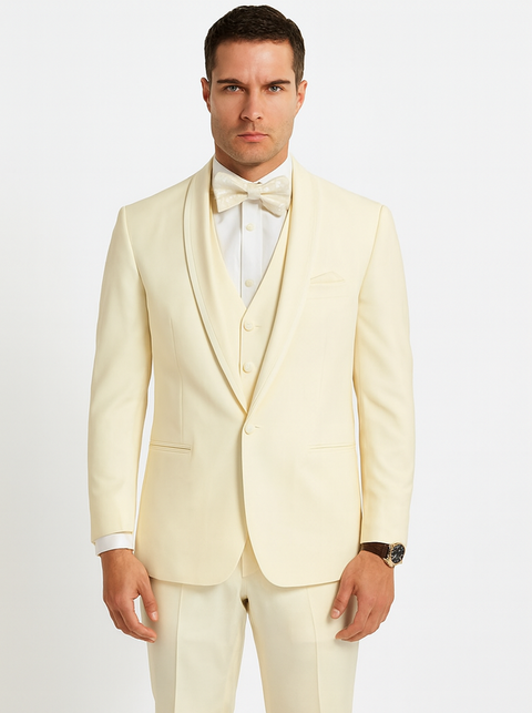 Mens Vested Shawl Lapel Tuxedo With Satin Trim in Ivory