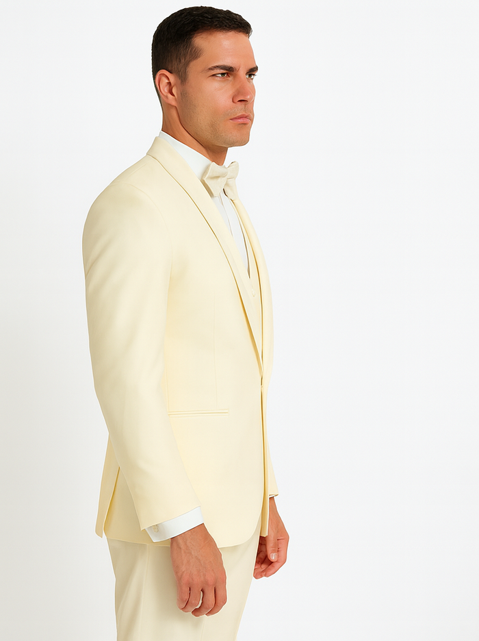 Mens Vested Shawl Lapel Tuxedo With Satin Trim in Ivory