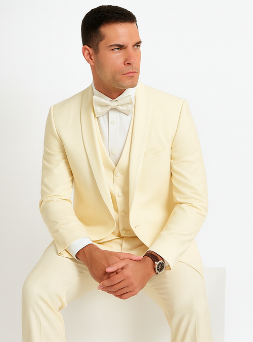 Mens Vested Shawl Lapel Tuxedo With Satin Trim in Ivory