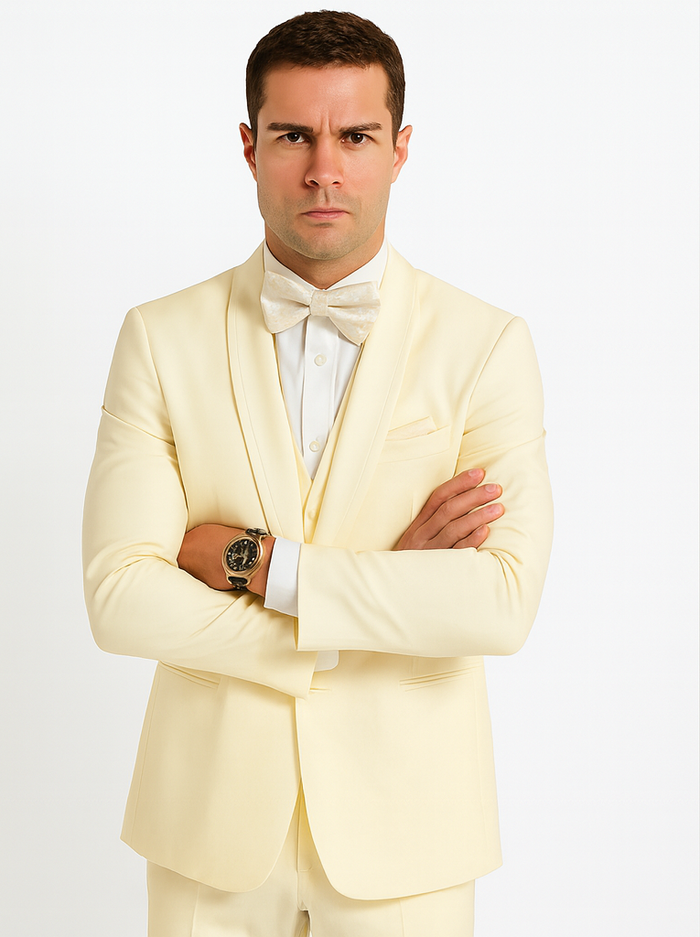 Mens Vested Shawl Lapel Tuxedo With Satin Trim in Ivory