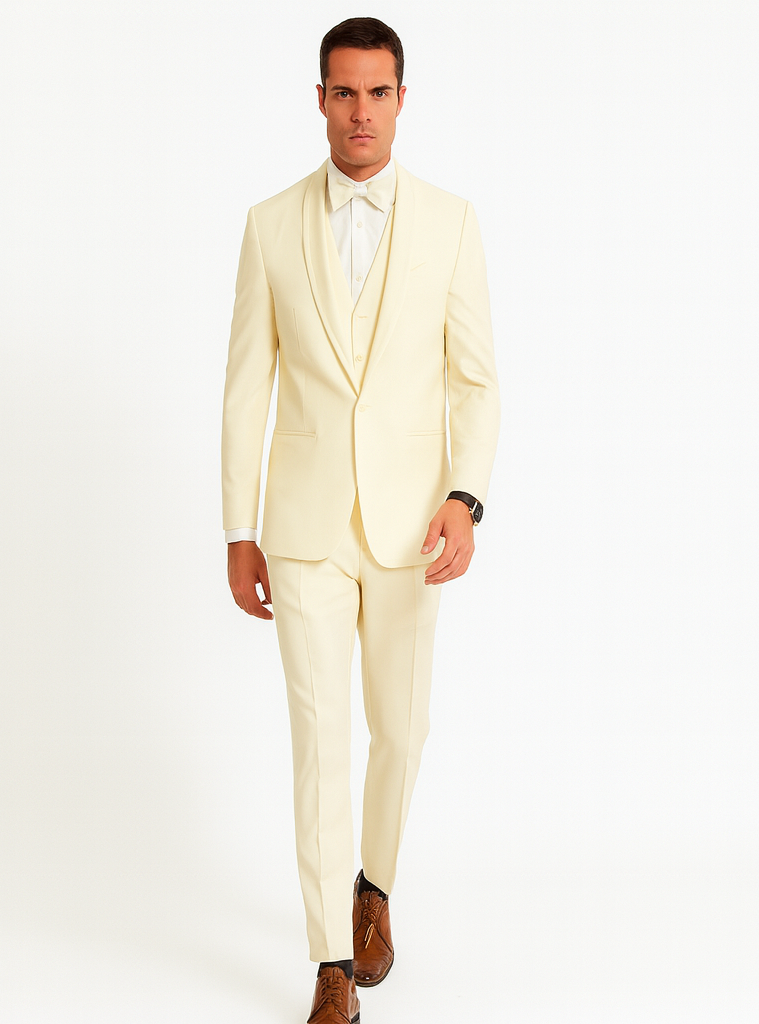 Mens Vested Shawl Lapel Tuxedo With Satin Trim in Ivory - 42 Short