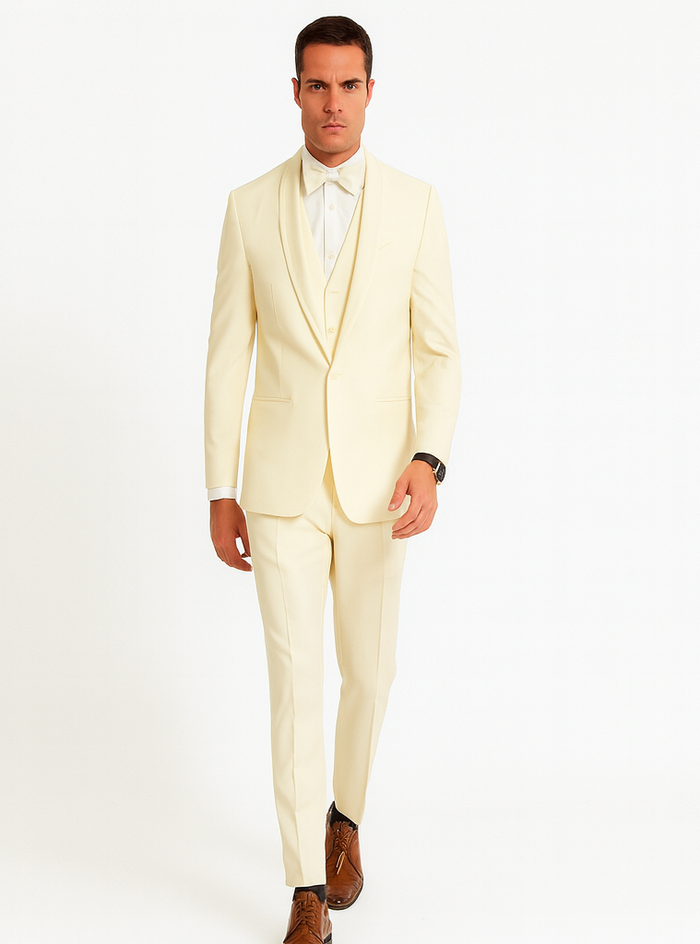 Mens Vested Shawl Lapel Tuxedo With Satin Trim in Ivory