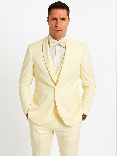 Mens Vested Shawl Lapel Tuxedo With Satin Trim in Ivory