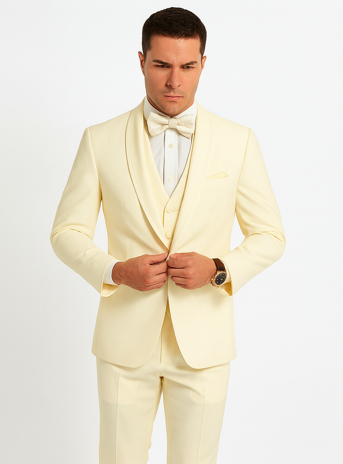 Mens Vested Shawl Lapel Tuxedo With Satin Trim in Ivory