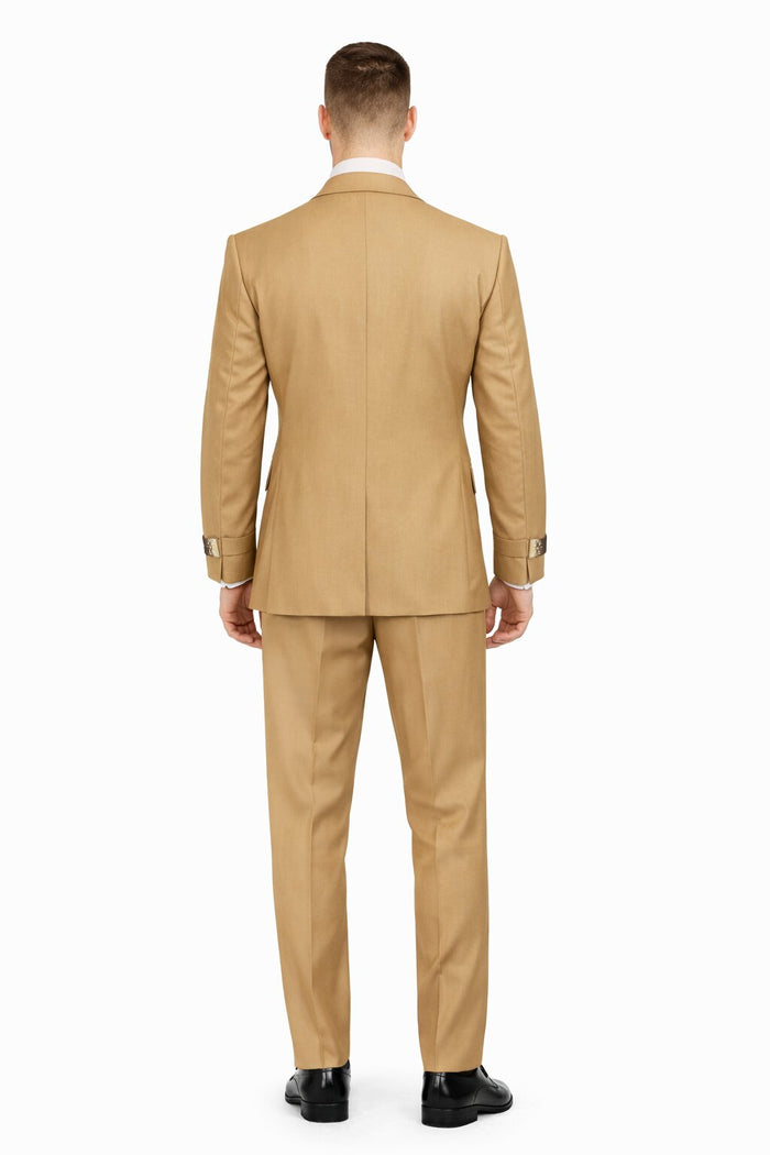 Mens Camel Double Breasted Wool Suit with Metal Buckle Closure