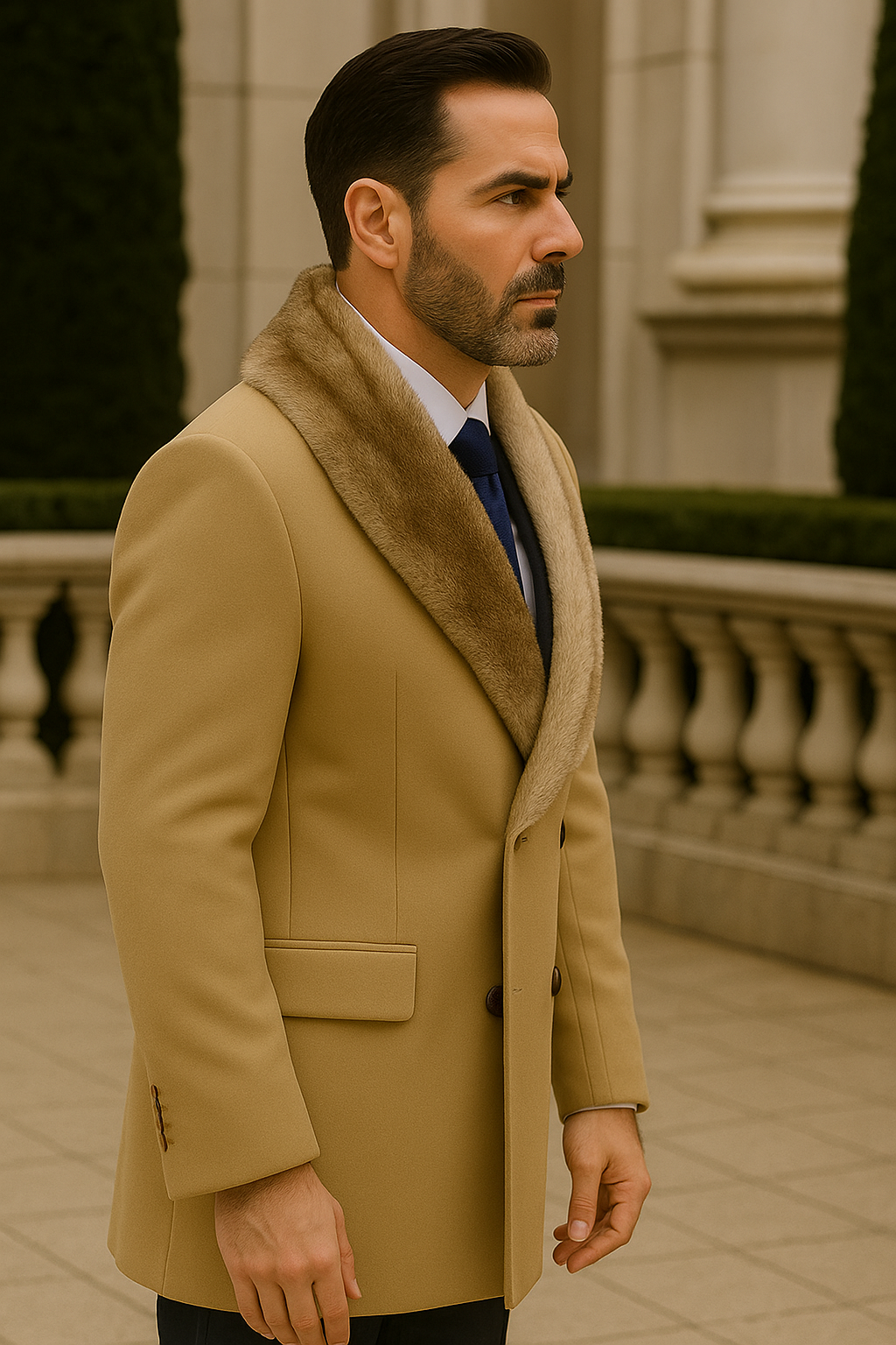 Camel Hair Overcoat - Peacoat With Fur Collar - Double Breasted Wool And Cashmere Alberto Nardoni Coat - New Arrival - Coat Size 28