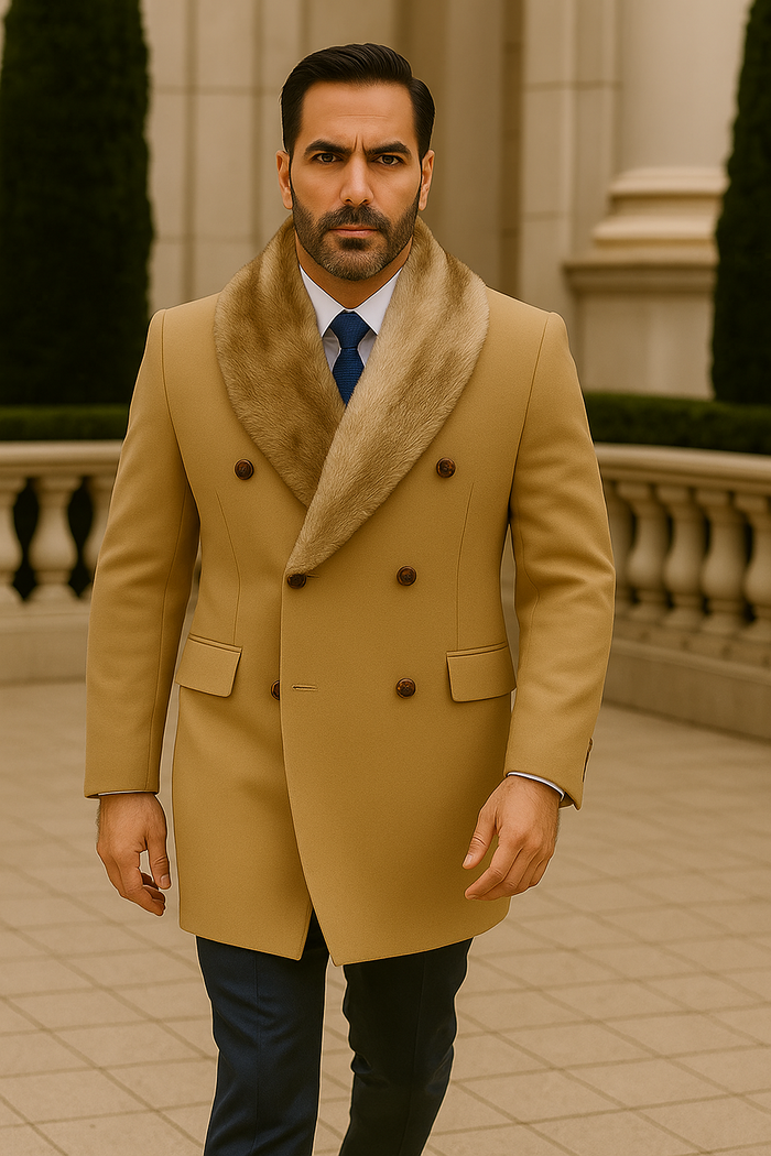 Camel Hair Overcoat - Peacoat With Fur Collar - Double Breasted Wool And Cashmere Alberto Nardoni Coat - New Arrival