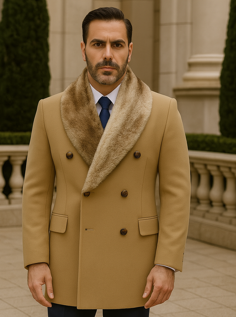 Camel Hair Overcoat - Peacoat With Fur Collar - Double Breasted Wool And Cashmere Alberto Nardoni Coat - New Arrival