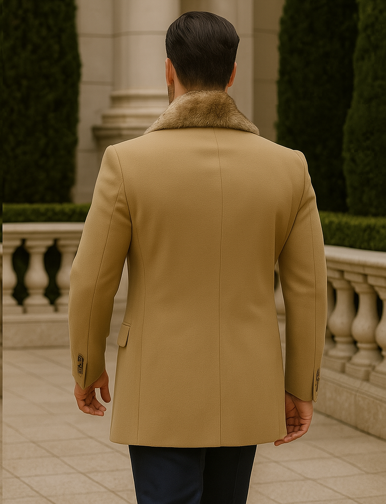 Camel Hair Overcoat - Peacoat With Fur Collar - Double Breasted Wool And Cashmere Alberto Nardoni Coat - New Arrival - Coat Size 28