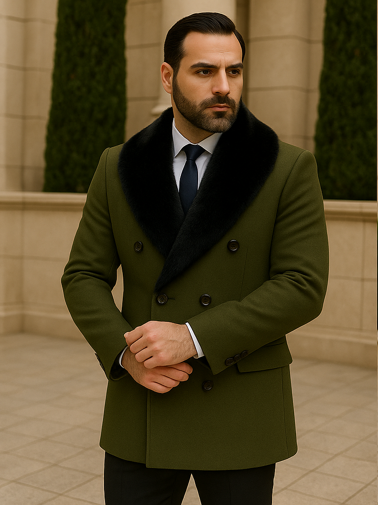 Camel Hair Overcoat - Peacoat With Fur Collar - Double Breasted Wool And Cashmere Alberto Nardoni Coat - New Arrival - Coat Size 28