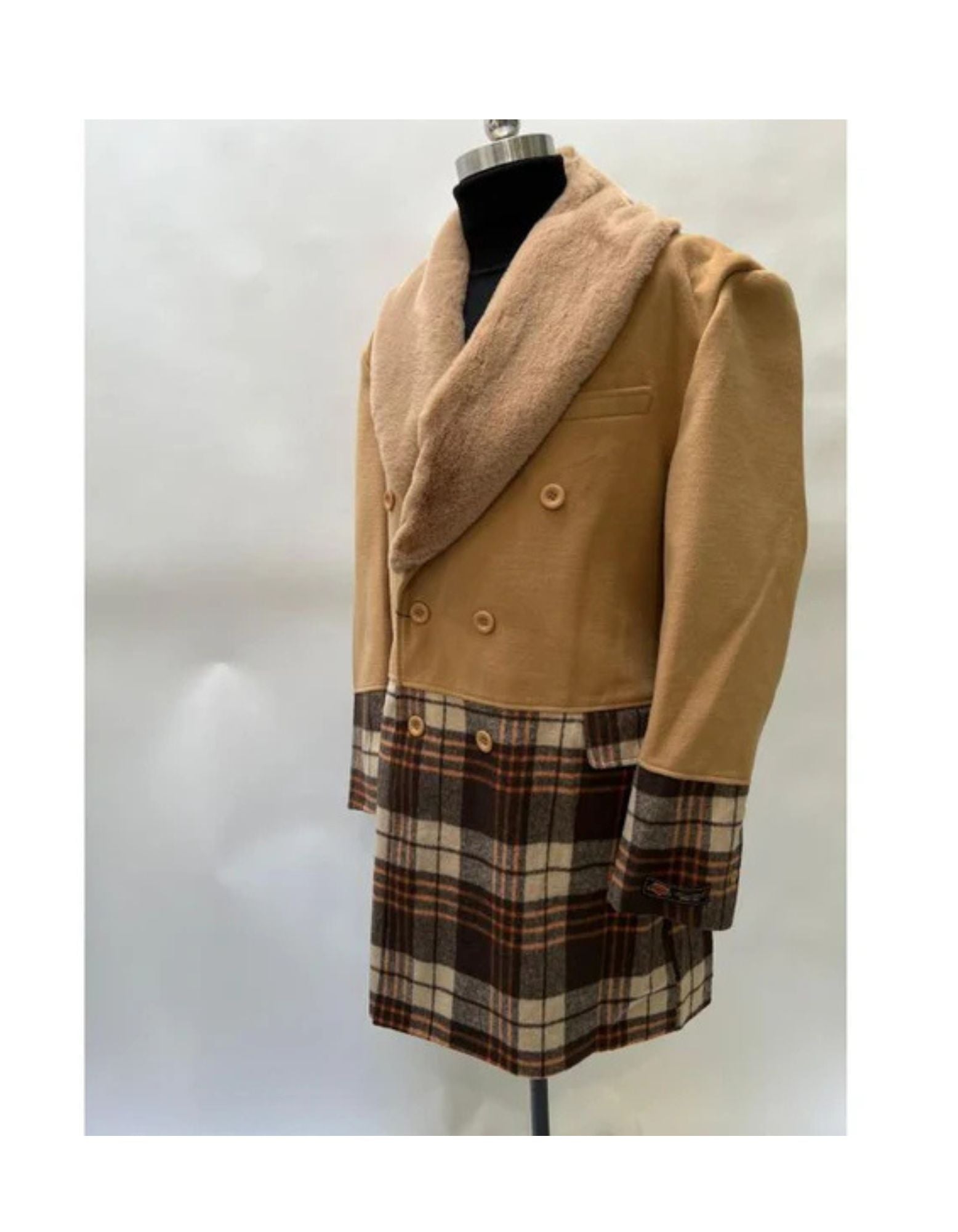 Camel Mens Plaid Overcoat - Hounstooth Checker Pattern Topcoat - Coat Size 38