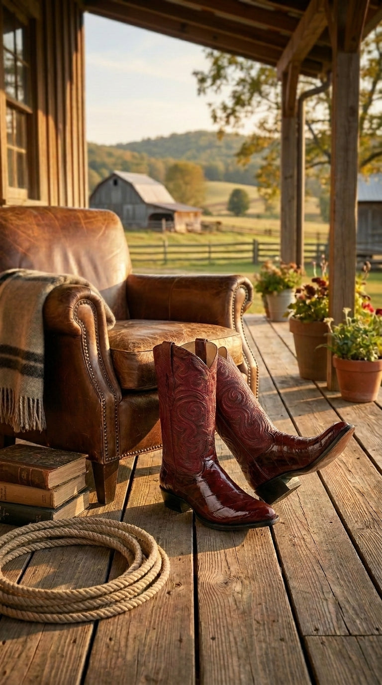 Men’s Burgundy Eel Cowboy Boots with J Toe, Exotic Leather Western Dress Boots