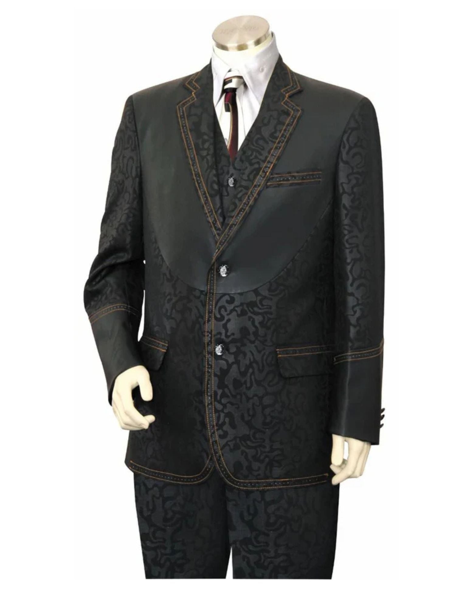 Canto Men's 3 Piece Fashion Suit  Fancy Pattern with Leather Trim - 38 Short Jacket+32 Waist Adjustable 28to34)(Height: 5 4 to5 7 )(Neck  15-16.5)S-M)