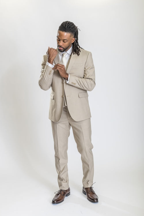 Caravelli Suit - Designer Caravelli Jacket and Pants in Color Solid Beige - 34 Short or Extra Small