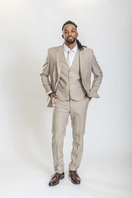 Caravelli Suit - Designer Caravelli Jacket and Pants in Color Solid Beige - 34 Short or Extra Small