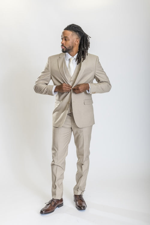 Caravelli Suit - Designer Caravelli Jacket and Pants in Color Solid Beige - 34 Short or Extra Small