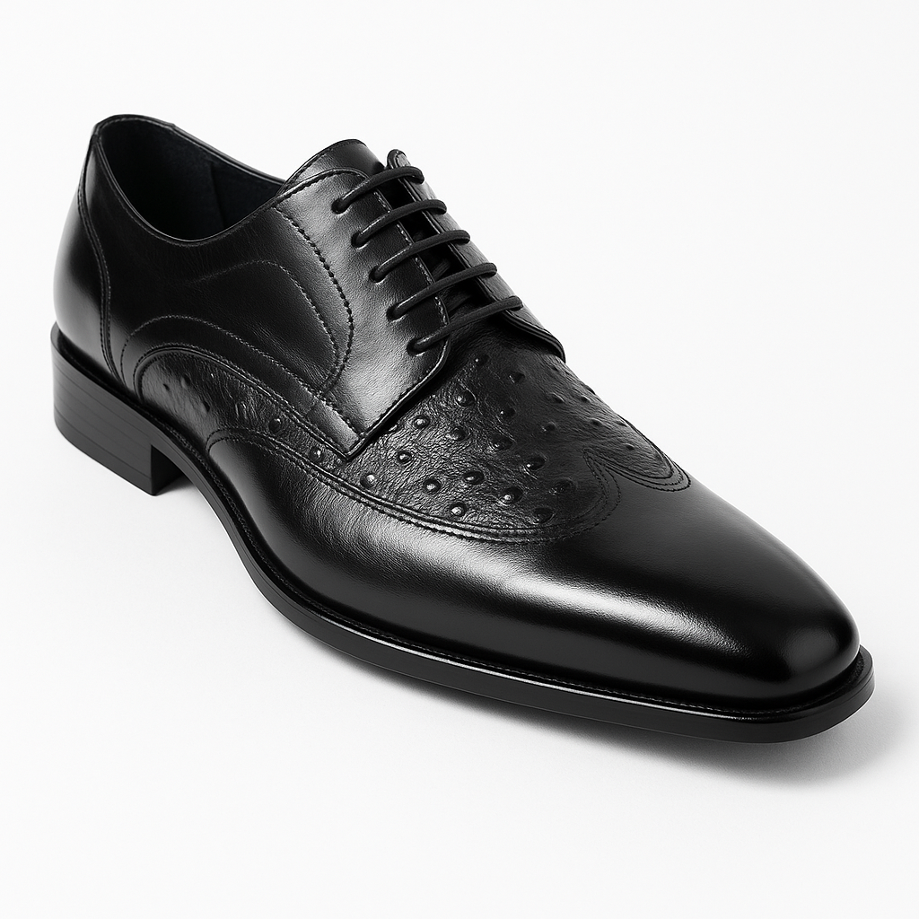 Mens Carrucci Ostrich Embossed Leather Wingtip Dress Shoe in Oxblood - 8