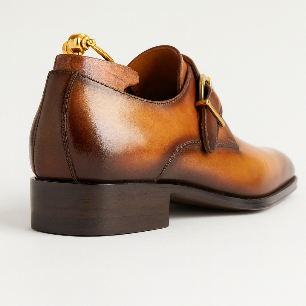 Mens Carrucci Classic Leather Fade Single D-Buckle Monk Strap Dress Shoe in Chestnut - 7