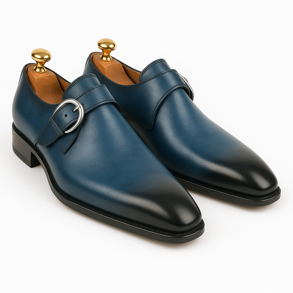 Mens Carrucci Classic Leather Fade Single D-Buckle Monk Strap Dress Shoe in Chestnut - 7